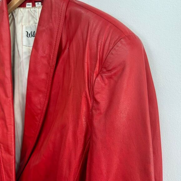 Wilsons Leather Women’s Bright Red Vintage 80s Double Breasted Leather Trench Co - Picture 11 of 16